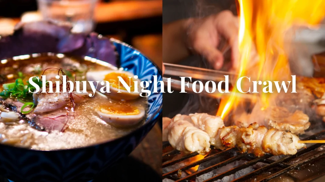Bowl of ramen and skewered grilled chicken (yakitori) served on a wooden izakaya table in Shibuya